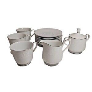 Grace Fine China Concerto Cup, Saucer Set Creamer Sugar White Flowers Silver